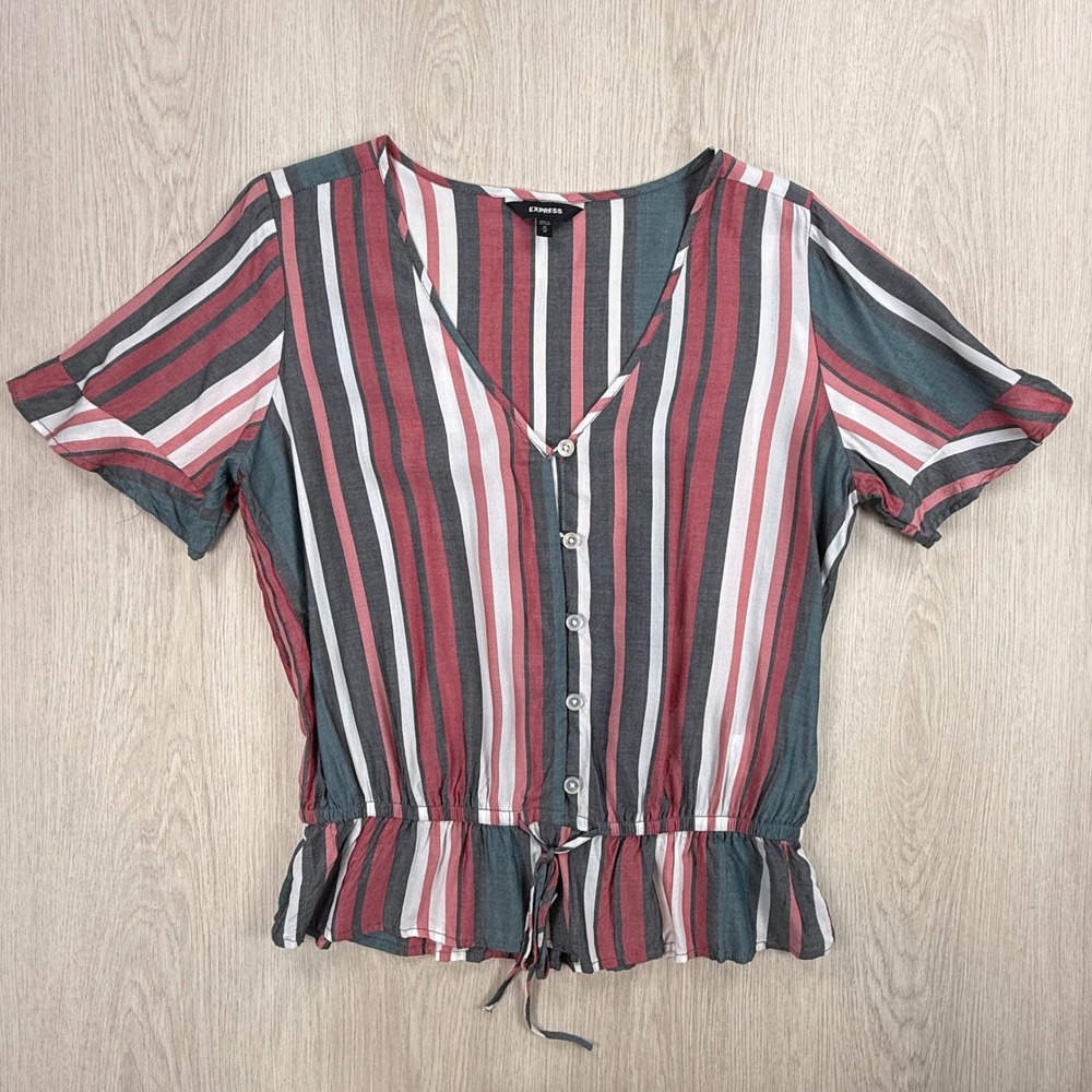 Short Sleeve Blouse Express Womens Medium Multi Color Striped Peplum V-Neck Top